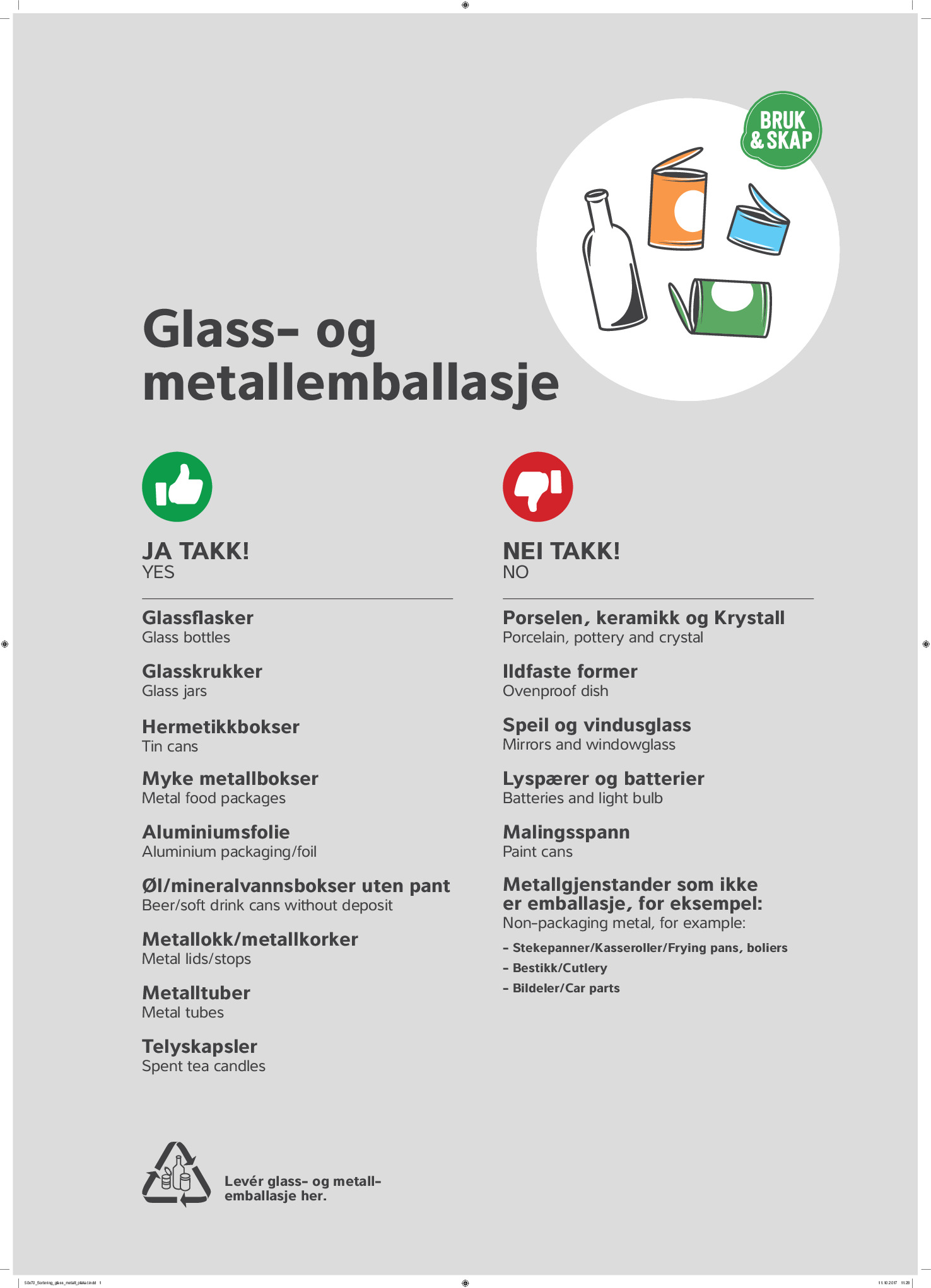 plakat som viser hva som skal leveres i glass- og metallemballasjecontainerne