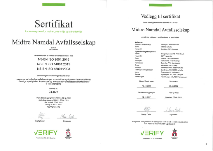 Bilde: ISO-sertifikatene for MNA etter ISO-standard 9001:2015, 14001:2015 og 45001:2023